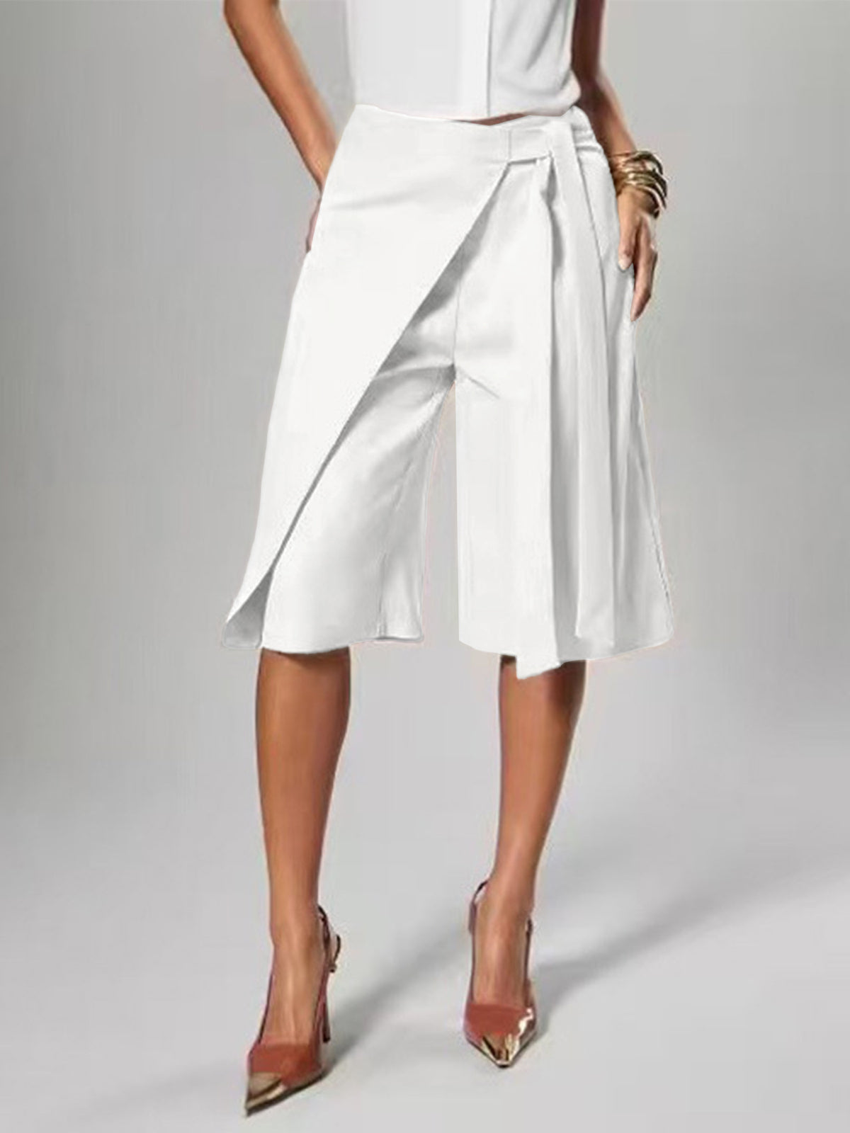 MB1732 Tie‑Waist Wrap‑Overlay Wide‑Leg Midi Culottes Capri Pants