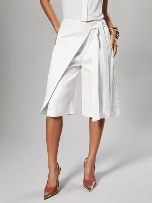 MB1732 Tie‑Waist Wrap‑Overlay Wide‑Leg Midi Culottes Capri Pants