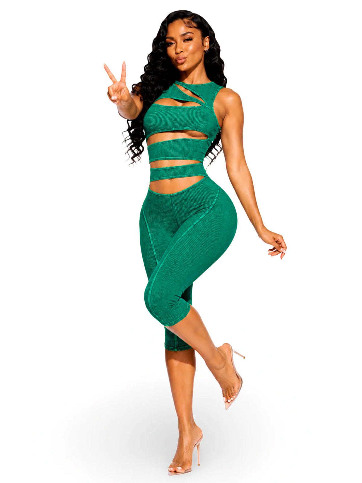 MB1733 Washed Ribbed Cut‑Out Bodycon Sleeveless Capri Jumpsuit