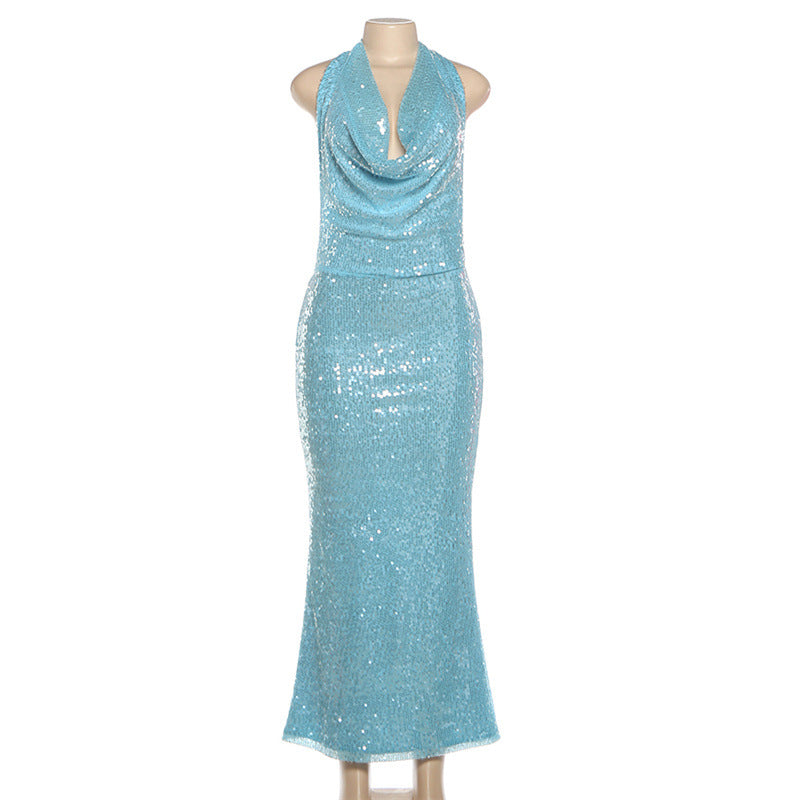 MB1149 Women’s Light Blue Halter Neck Sequin Maxi Dress
