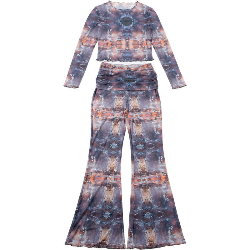 MB1826 Women's Sheer 2 Piece Set - Long Sleeve Top & Flared Mesh Pants