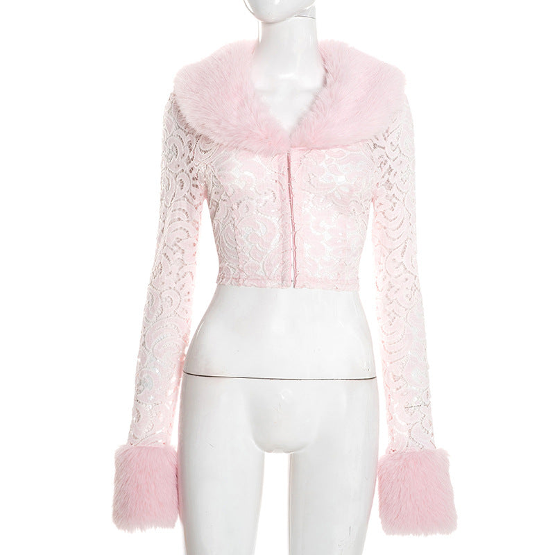 MB10110 Pink Lace Faux Fur Collar Long Sleeve Cropped Top