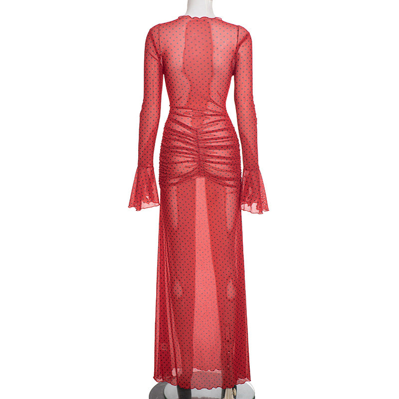 MB1417 Red Polka Dot Flared Sleeve Maxi Dress for Women