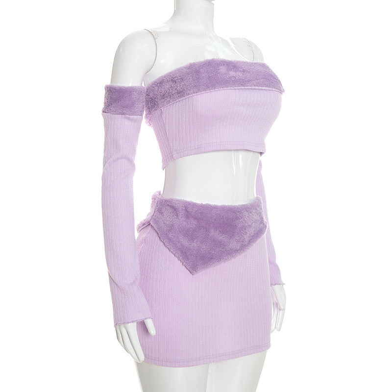 MB10199 Fuzzy‑Trim 2‑Piece Skirt Set Long‑Sleeve Zipper Crop Top + Bodycon Mini Skirt