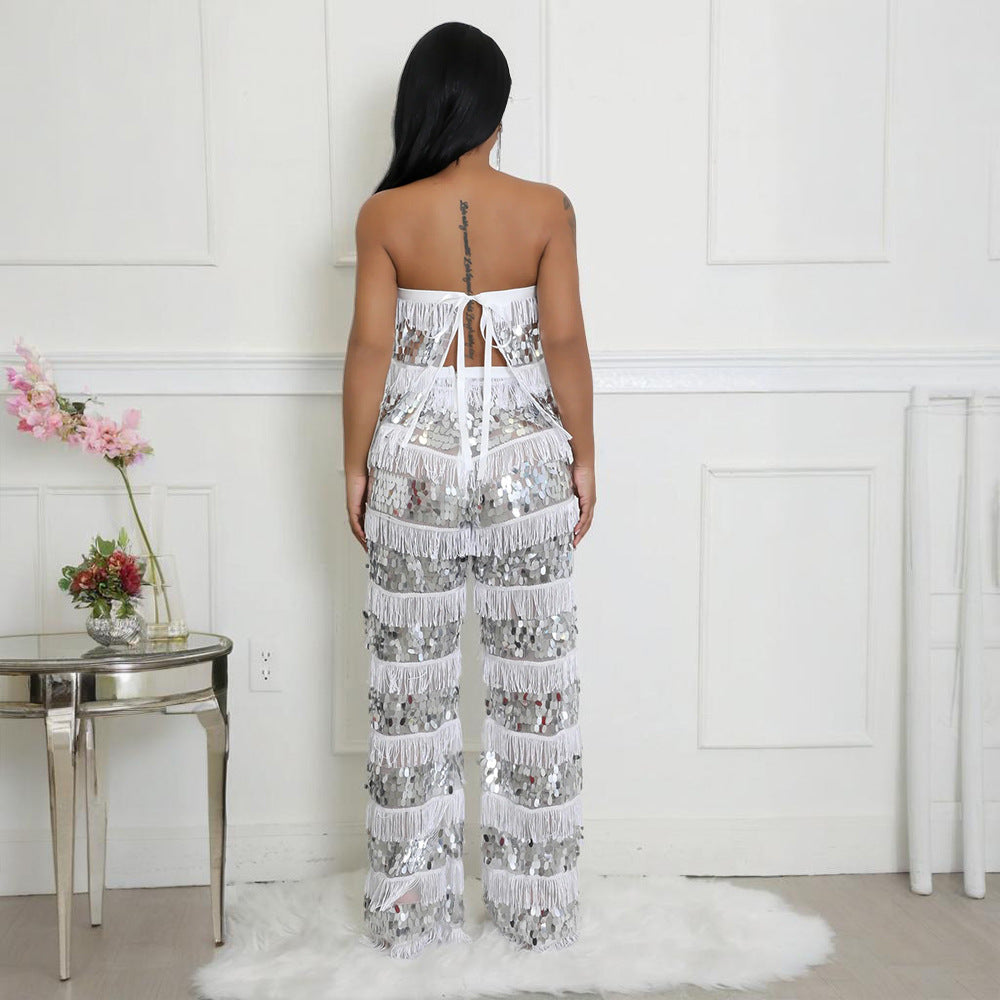 MB1222 Sequin Fringe Top & Wide Leg Pants Two Piece Set