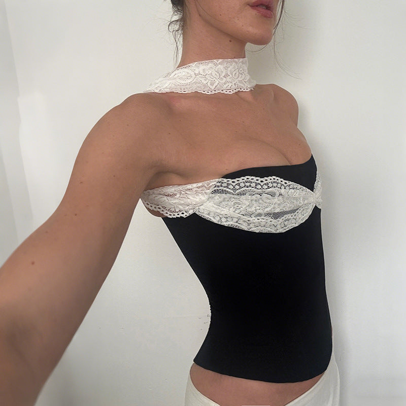 MB1532 Women's Black Strapless Fitted Crop Top with White Lace
