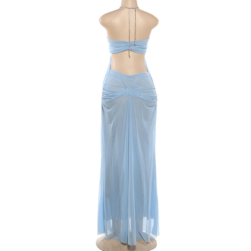 MB1902 Light Blue Sheer Mesh Halter Maxi Dress – Rhinestone Cutout Party Gown