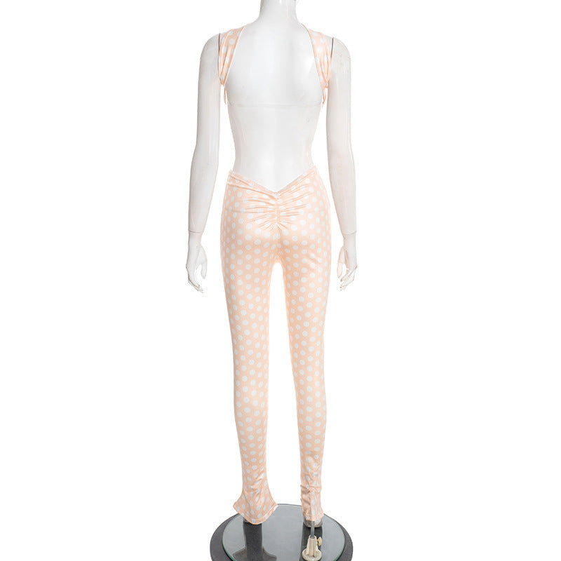 MB10168 Polka Dot 2 Piece Outfit Women | Halter Choker Tube Top & Ruched Flare Skinny Pants Matching Set
