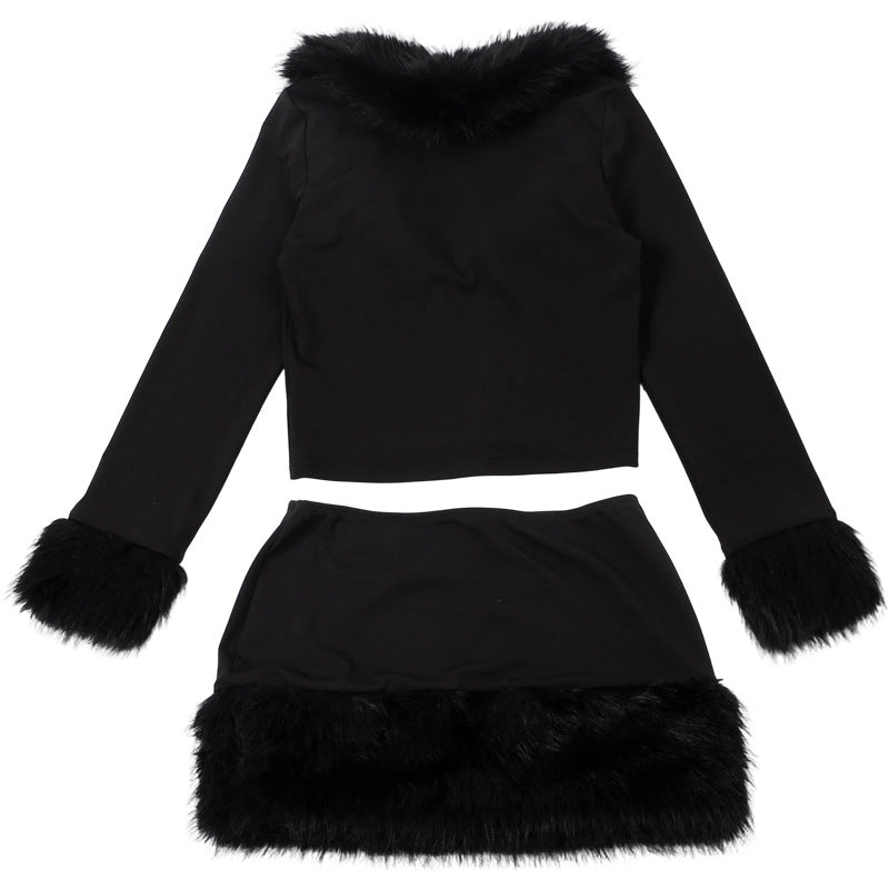 MB1153 Black Faux Fur Trim 2-Piece Set: Crop Top & Mini Skirt