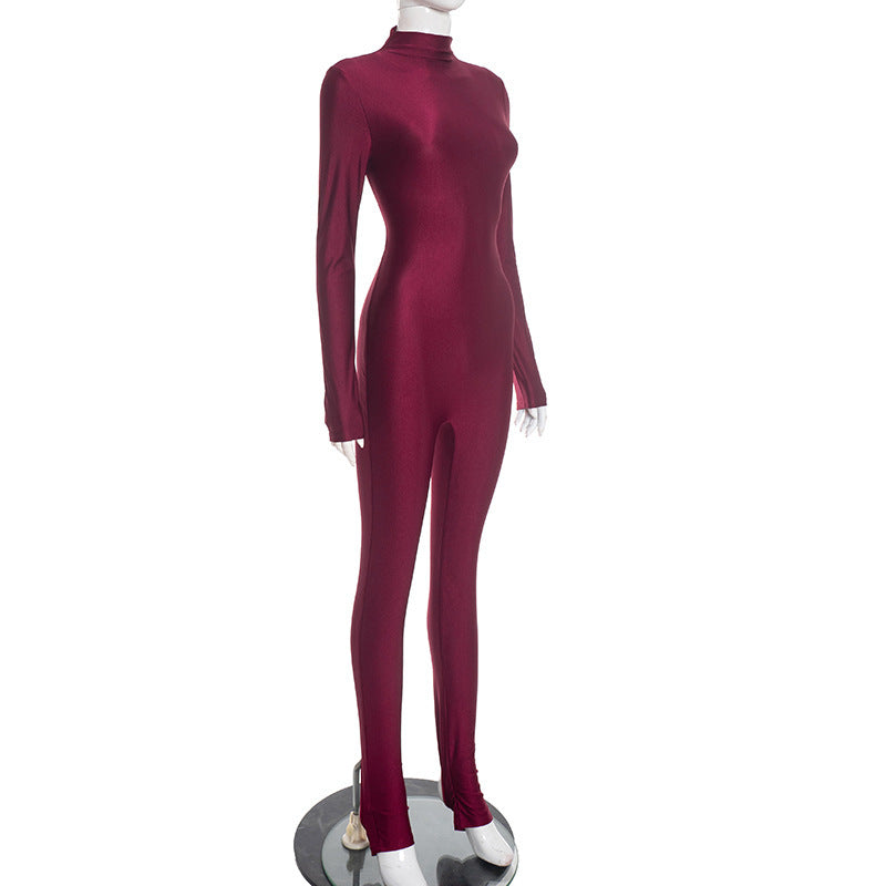 MB10151 Women's Wine Red Long Sleeve Turtleneck Jumpsuit