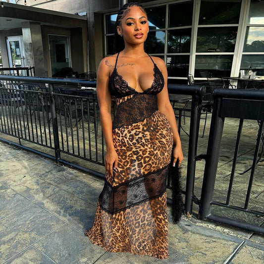 MB1028 Leopard Print Lace Trim Maxi Dress