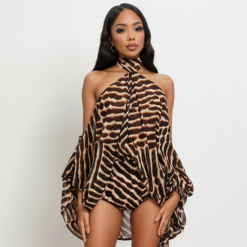 MB1461 Tiger‑Print Halter Flare‑Sleeve Chiffon Top & High‑Waist Shorts 2‑Piece Outfit Set