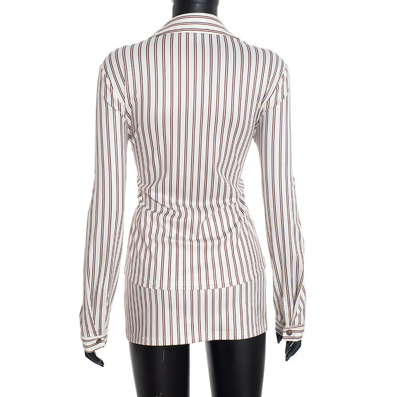 MB10127 Women's Stripe Button Shirt & Bodycon Skirt Two Piece Set