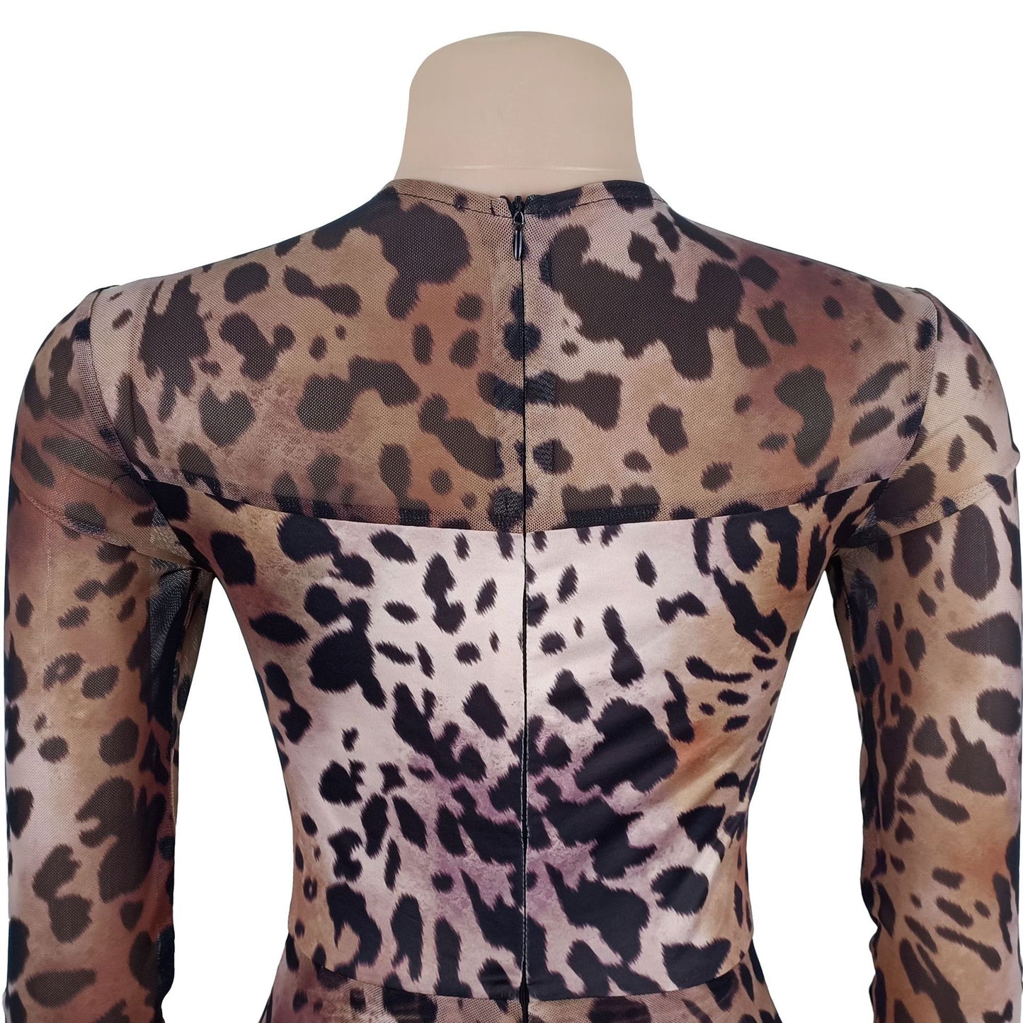 MB1607 Taupe Leopard Print Sheer Mesh Bodycon Jumpsuit