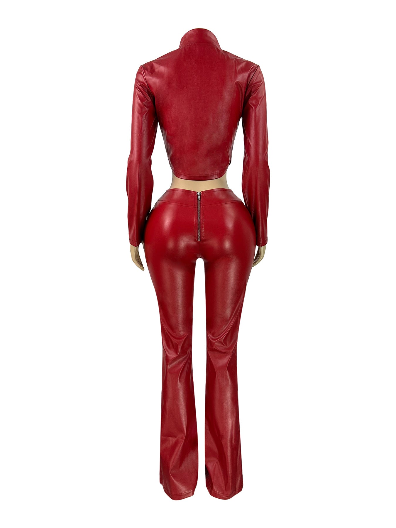 MB1704 Stretchy Leather Cropped Jacket & Flared Pants Two-Piece Set for Women