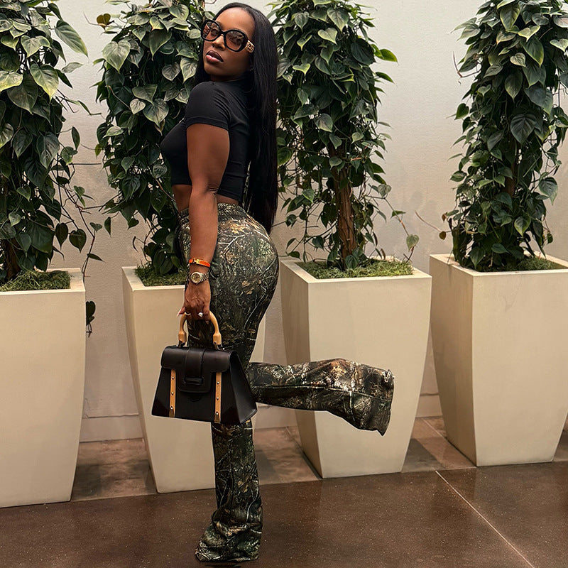 MB10126 Vintage Leaf & Tree Camo Micro Flare Pants