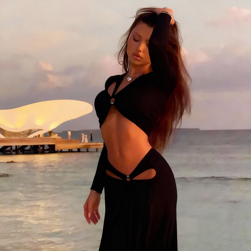 MB1829 Women's Cut Out Long Sleeve 2 Piece Set - Crop Top & Maxi Skirt