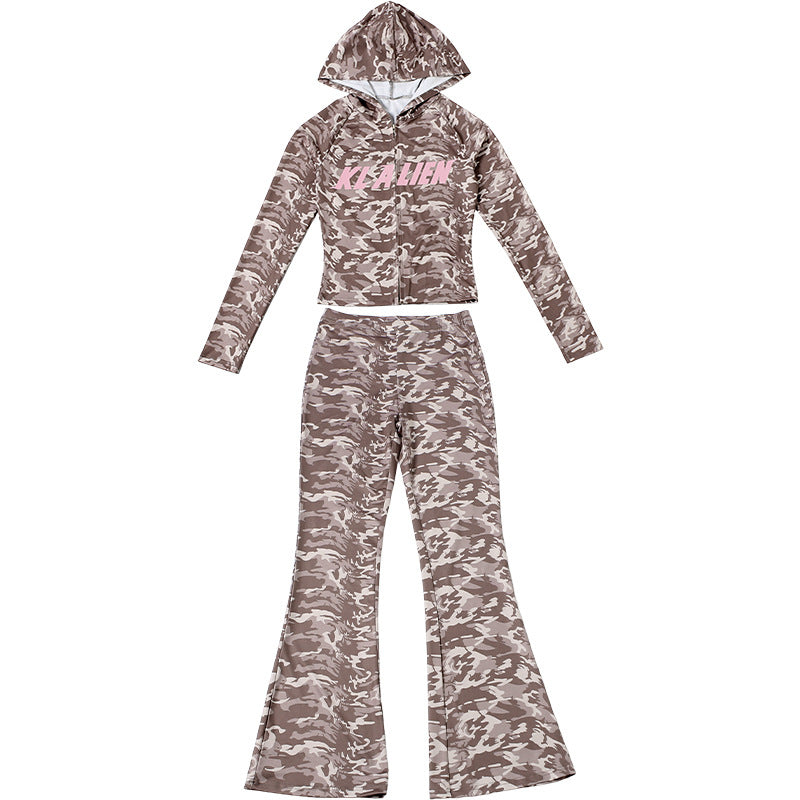 MB1830 Women's Leopard Print Zip Up Hoodie & Flared Pants 2 Piece Set