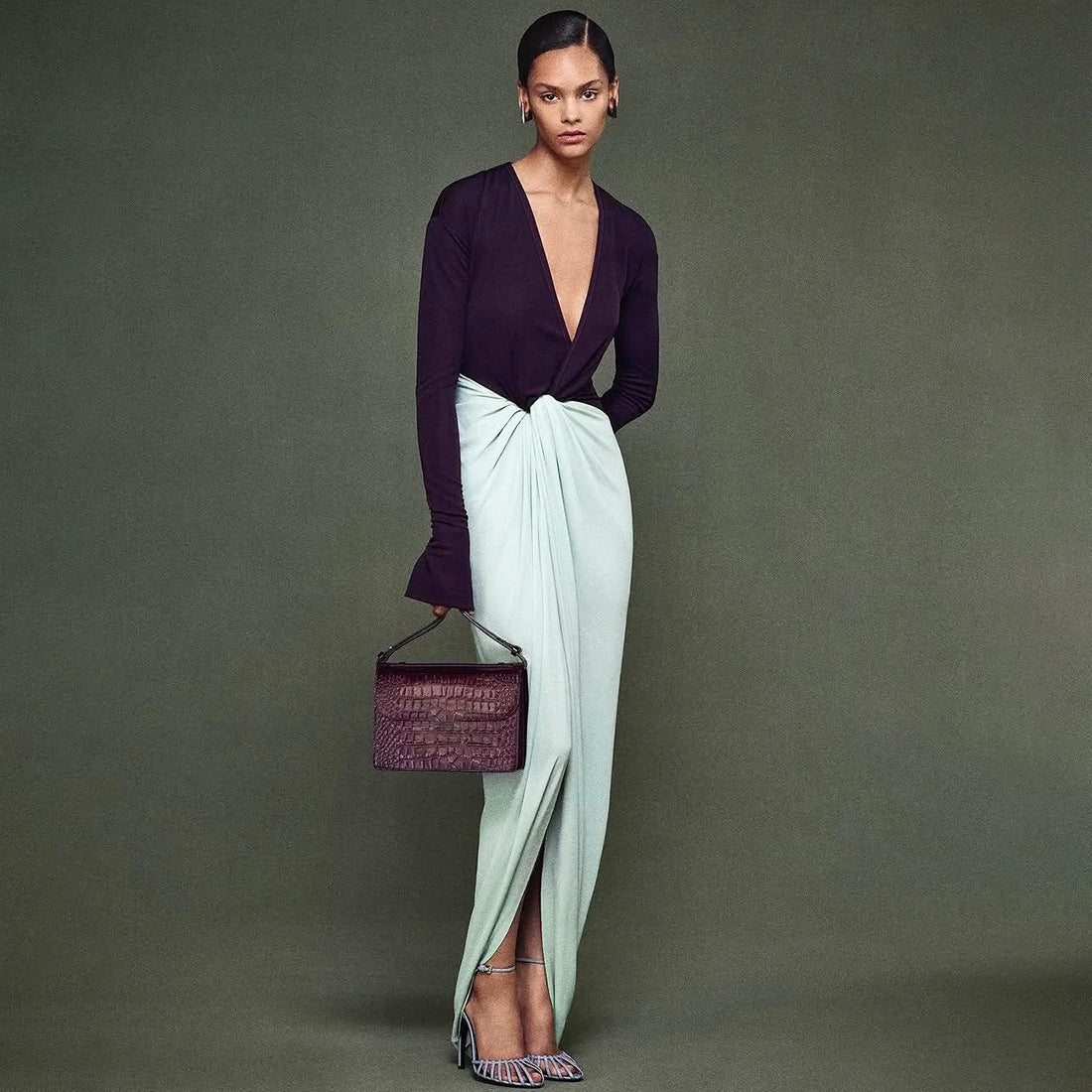 MB1148 Women’s Mint Green Color Block Maxi Dress