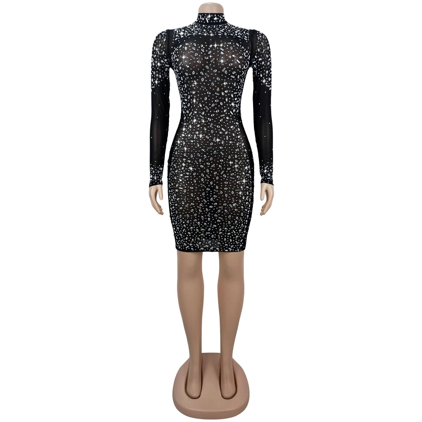 MB1622 Women's Sheer Mesh Rhinestone Bodycon Dress