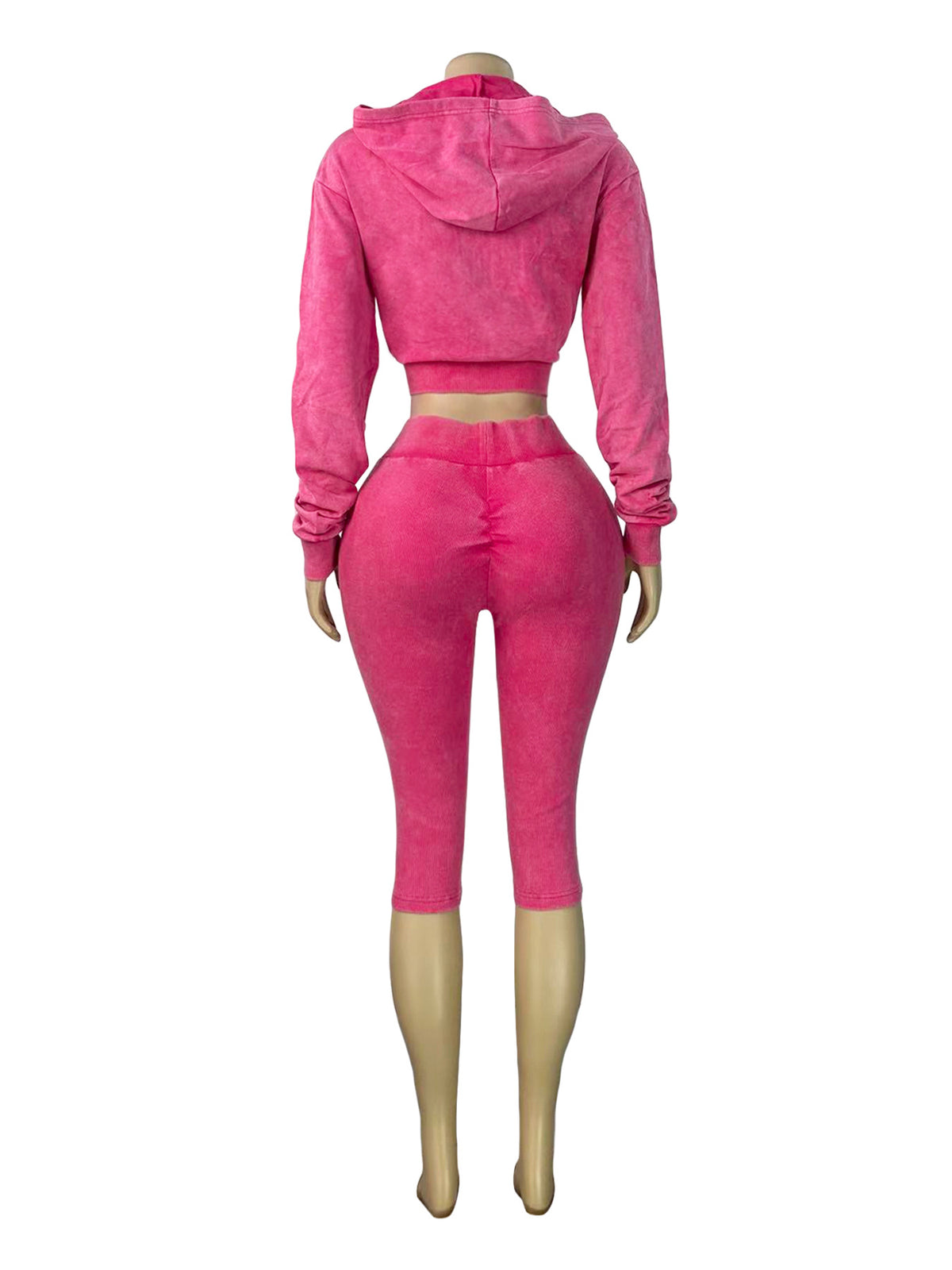 MB1734 Washed Ribbed Cropped Hoodie & Scrunch‑Butt Capri Leggings 2‑Piece Set