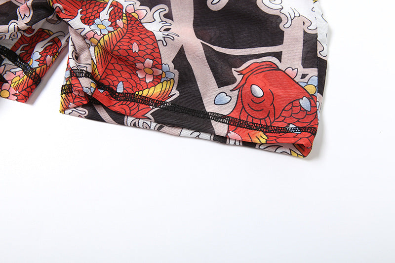 MB1112 Graphic Print Sheer Tight Backless Romper