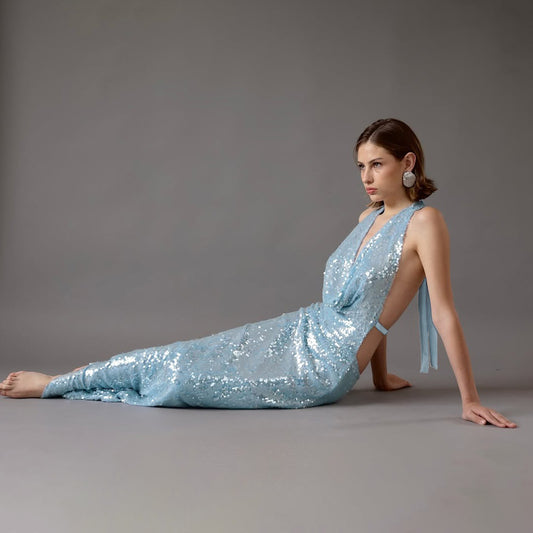 MB1149 Women’s Light Blue Halter Neck Sequin Maxi Dress