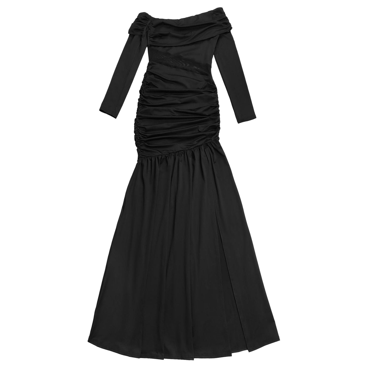 MB1614 Off-the-Shoulder Mesh Cutout Ruched Maxi Dress with Slit