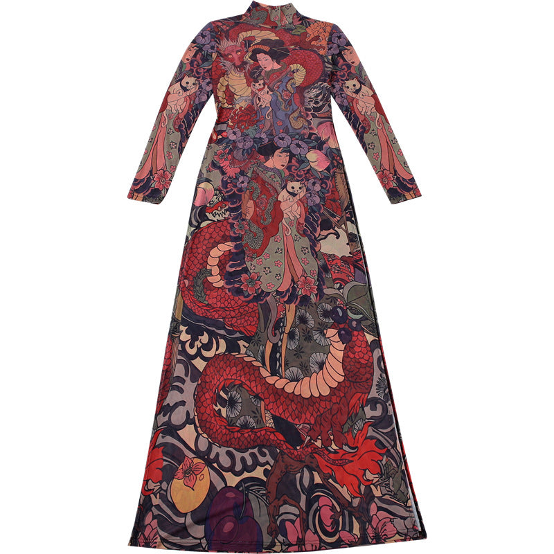MB1837 Sexy High Neck Long Sleeve Sheer Maxi Dress with Japanese Ukiyo-e Dragon Print