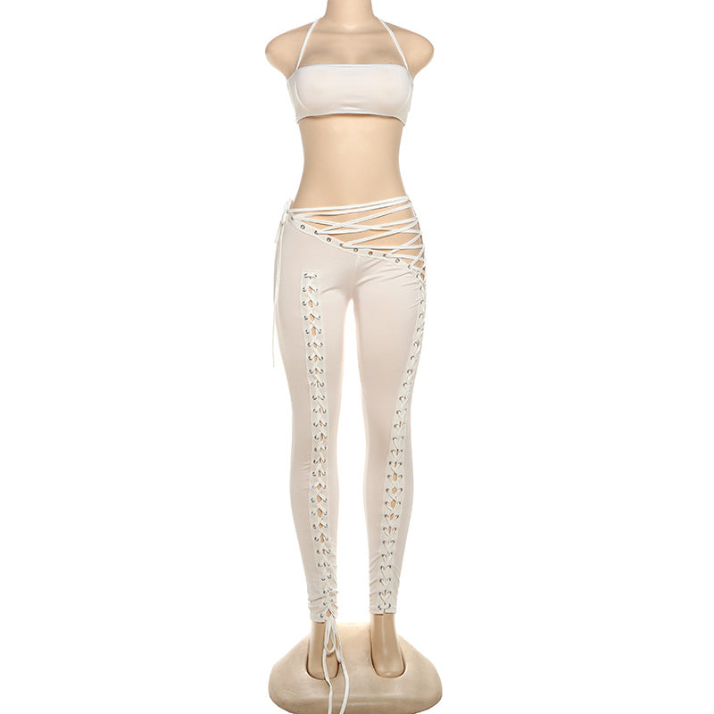 MB1807 Women's Nude Halter Bandeau Crop Top & Waist-Leg Lace-Up High-Waist Leggings Two-Piece Outfit