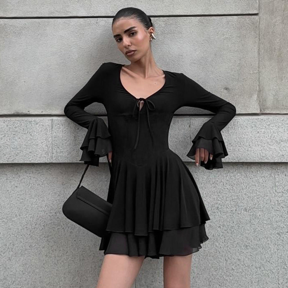 MB1321 Long Sleeve Tie-Front Mini Dress with Bell Cuffs