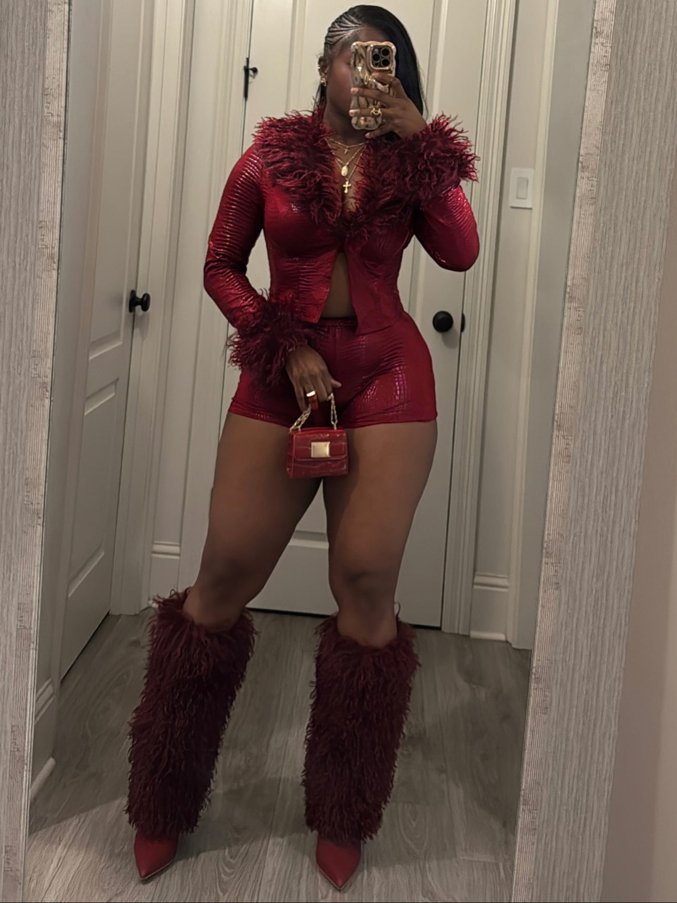 MB1726 Red Crocodile Print Faux Fur Trim 2 Piece Short Set | Cropped Jacket & Shorts