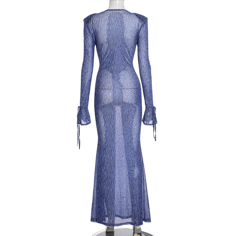 MB1403 Blue V Neck Mesh Maxi Dress for Women