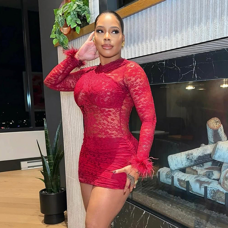 MB10117 Lace Sheer Bodycon Dress with Fur Cuff Detail