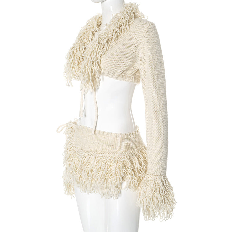MB1022 Fringed Knit Set with Mini Skirt