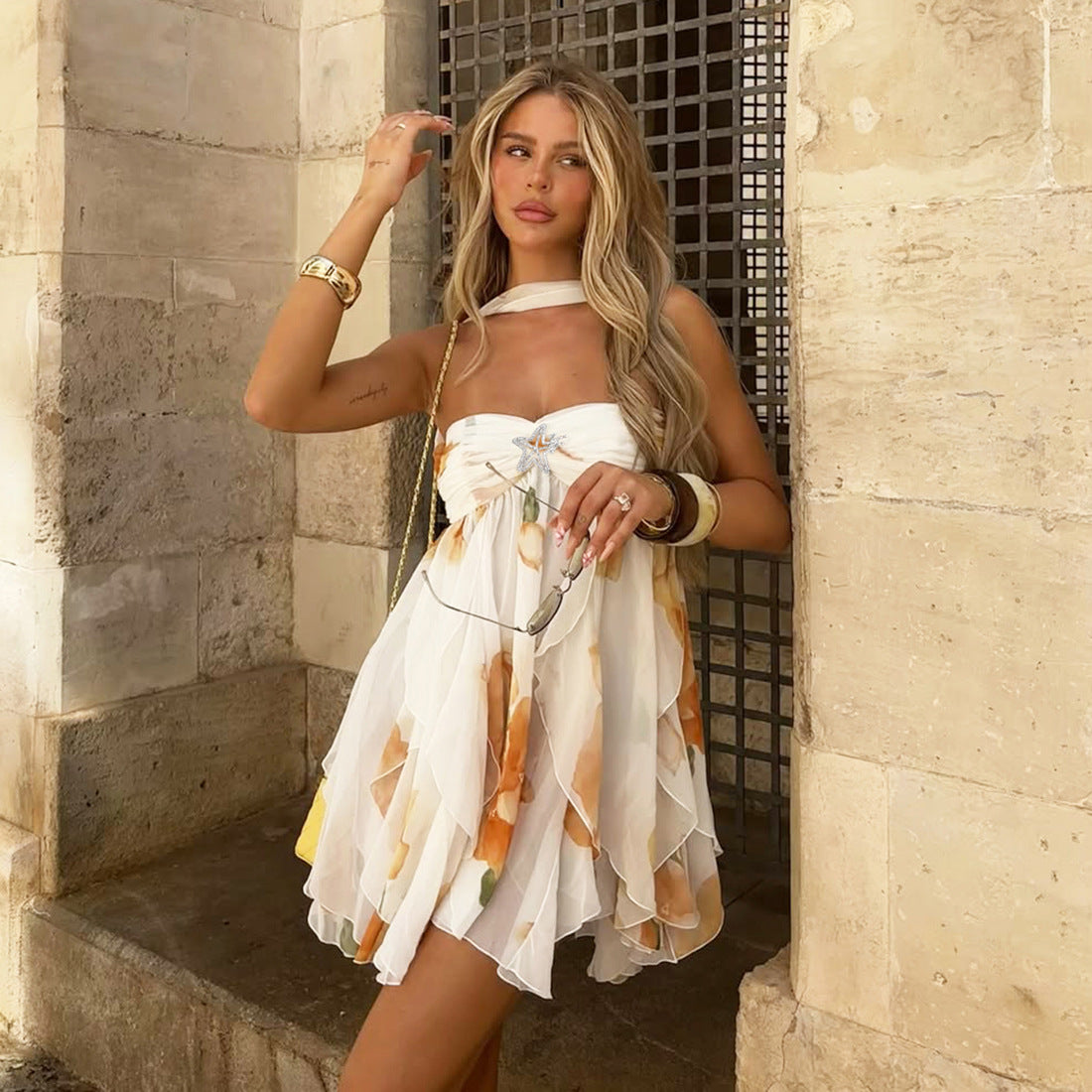 MB1113 Sexy Halter Backless Mini Dress with Ruffled Hem