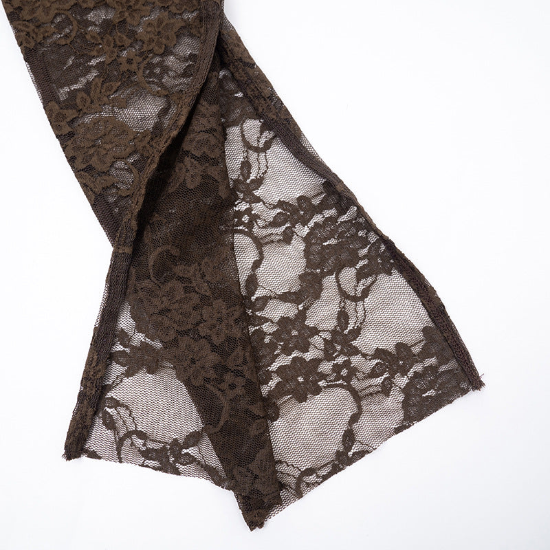 MB1415 Brown Lace Long Sleeve Mini Dress for Women