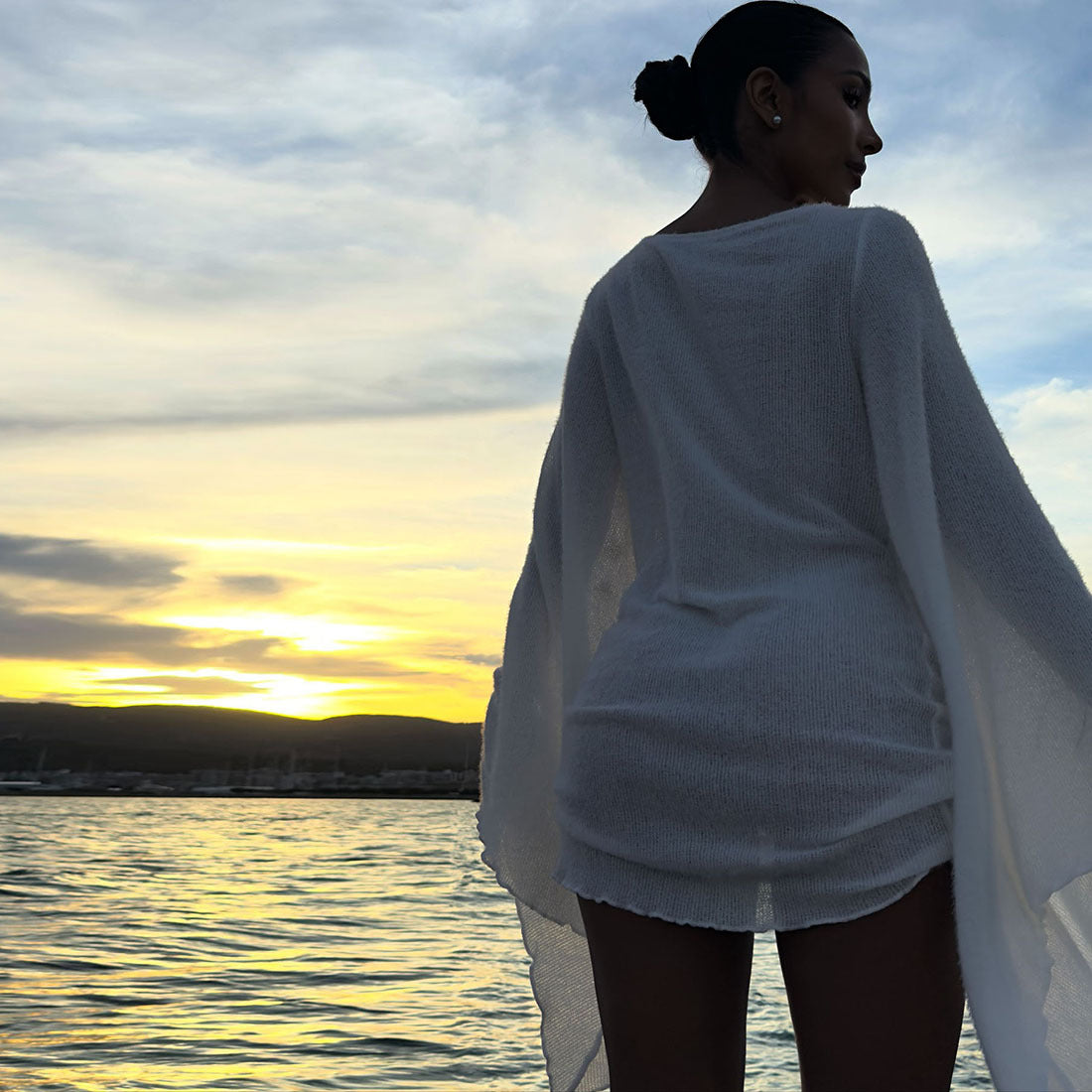 MB1129 White Plunging Cowl Neck Bell Sleeve A-Line Mini Dress