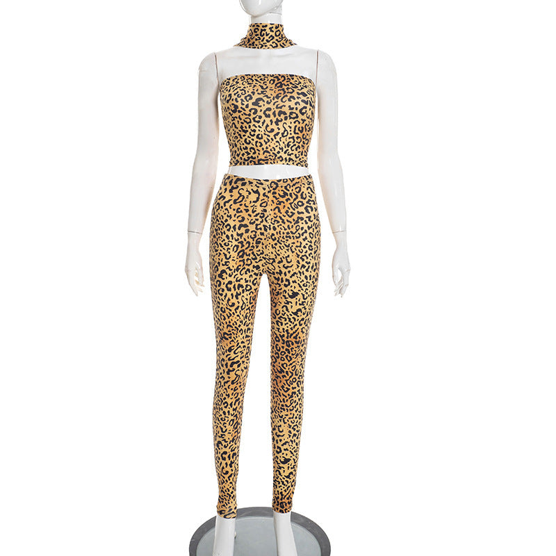 MB10147 Women's Leopard Print Tube Top & High Waist Leggings 2 Piece Set