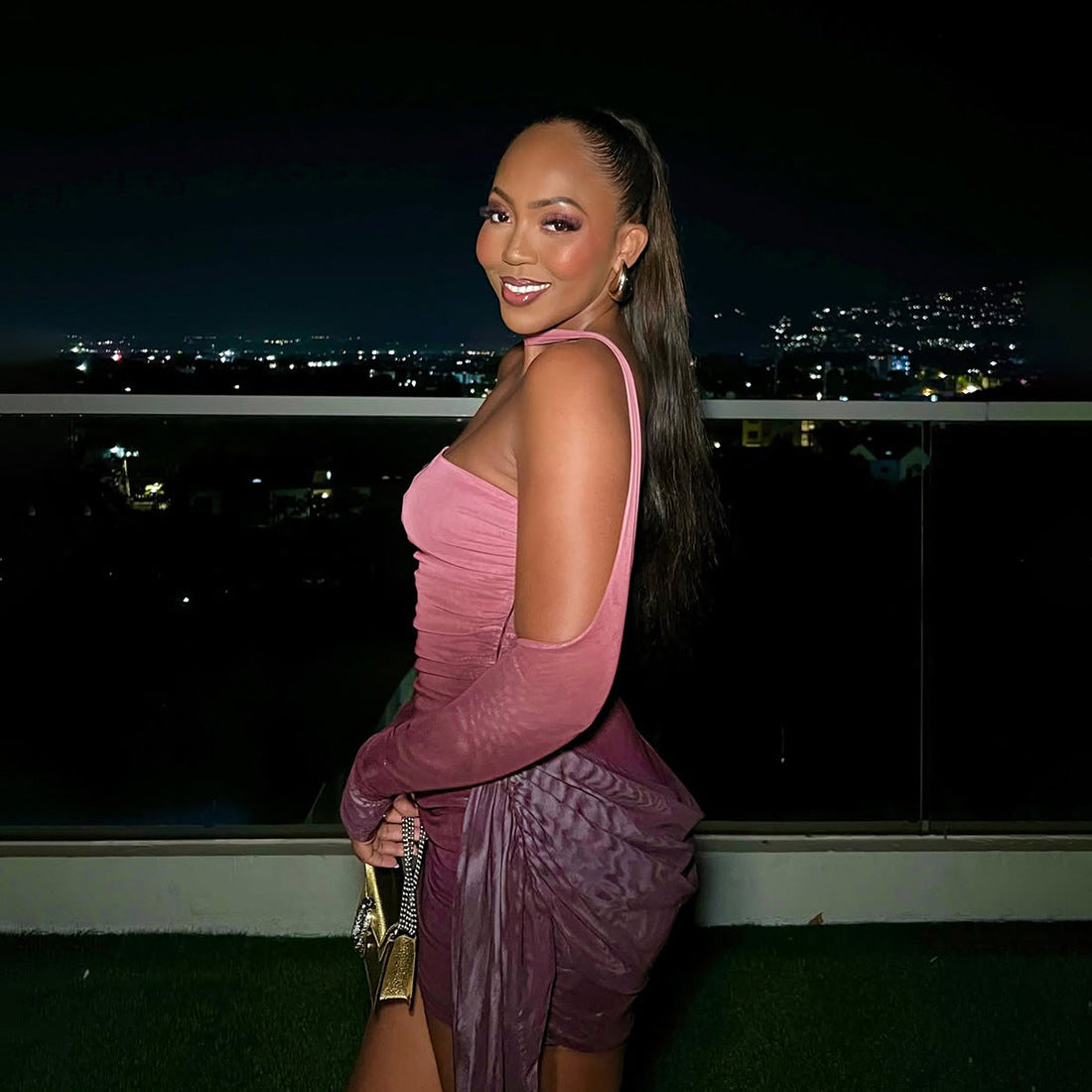 MB1809 Women's Pink-to-Red Gradient Ruched Mini Dress