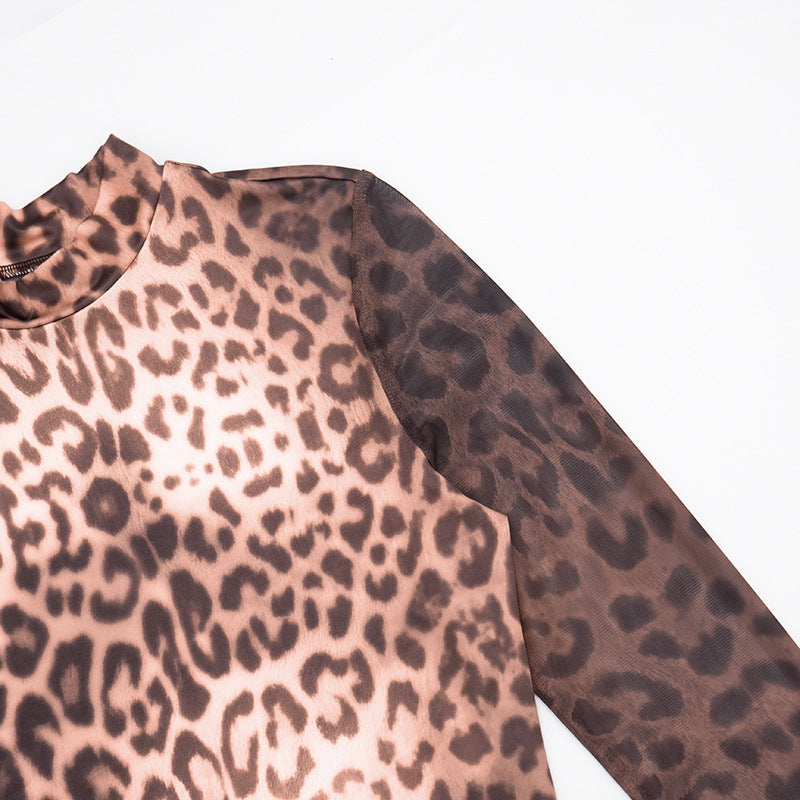 MB1436 Leopard Print Sheer Turtleneck Maxi Dress