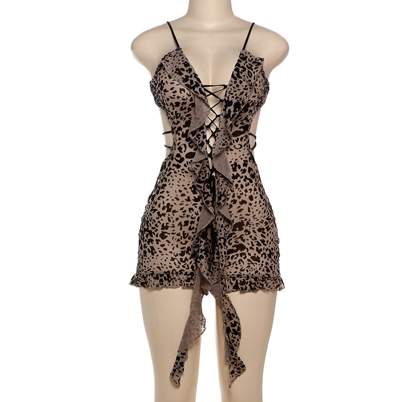 MB1502 Leopard Print Lace-Up Sheer Romper