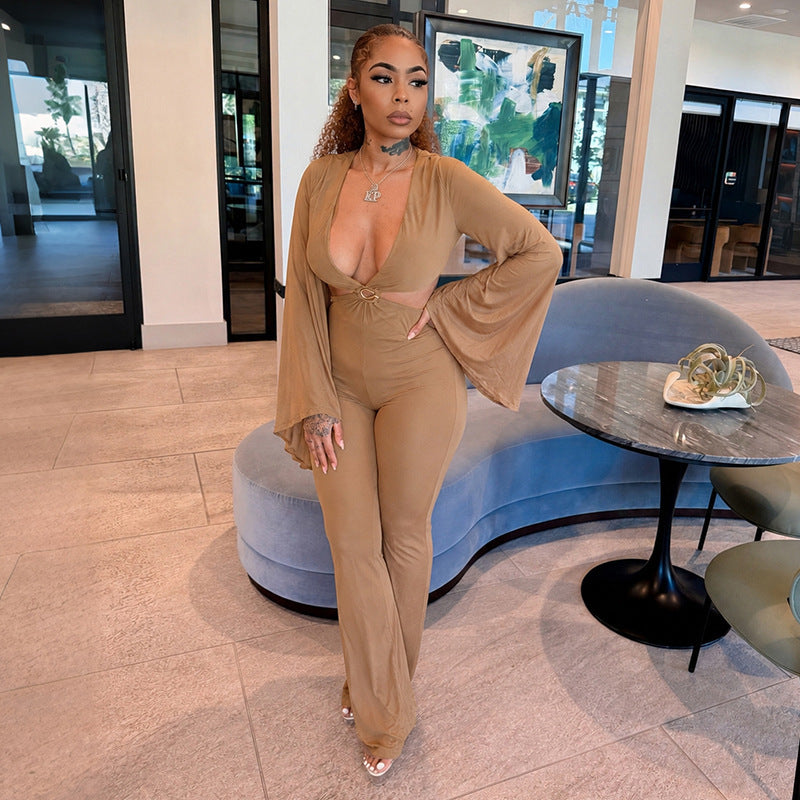 MB10203 Women Sheer Mesh Bell‑Sleeve Jumpsuit