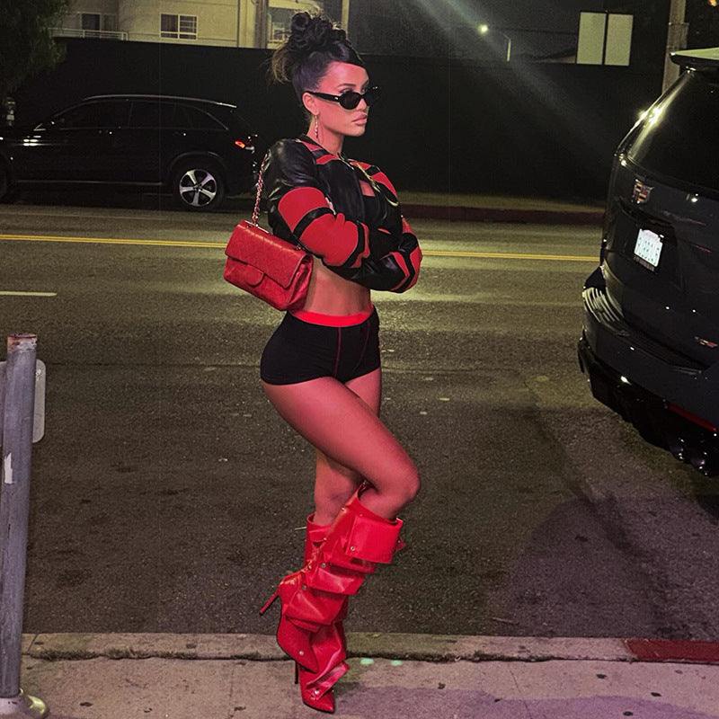 MB1150 Women’s Black & Red Color Block Cropped Faux Leather Moto Jacket