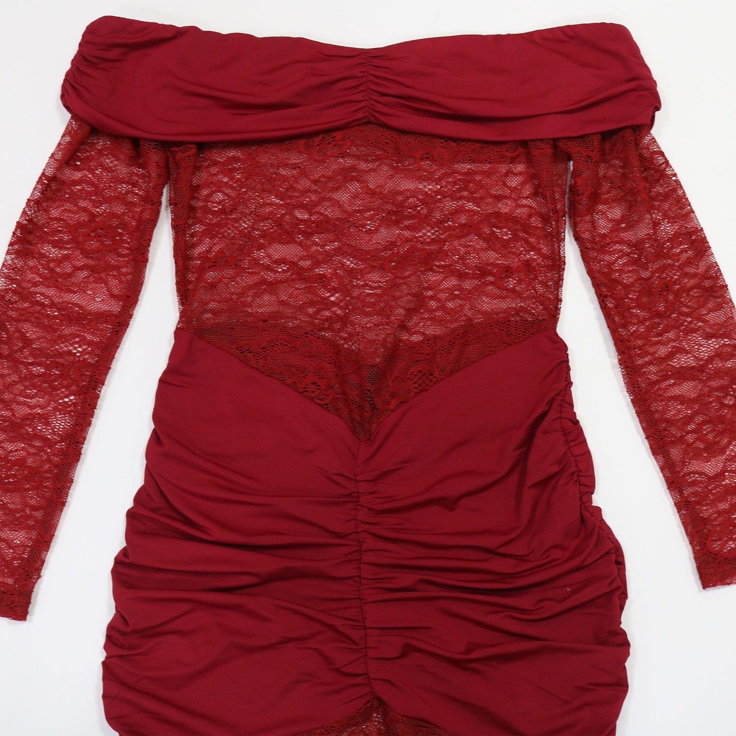 MB1216 Burgundy Lace Ruched Bodycon Maxi Dress