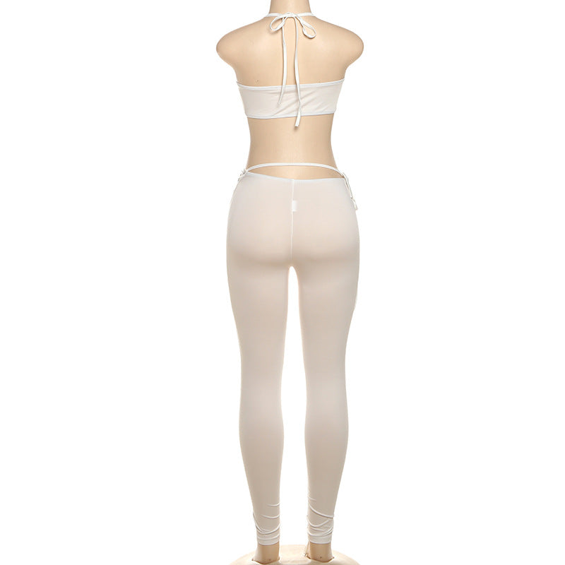 MB1807 Women's Nude Halter Bandeau Crop Top & Waist-Leg Lace-Up High-Waist Leggings Two-Piece Outfit