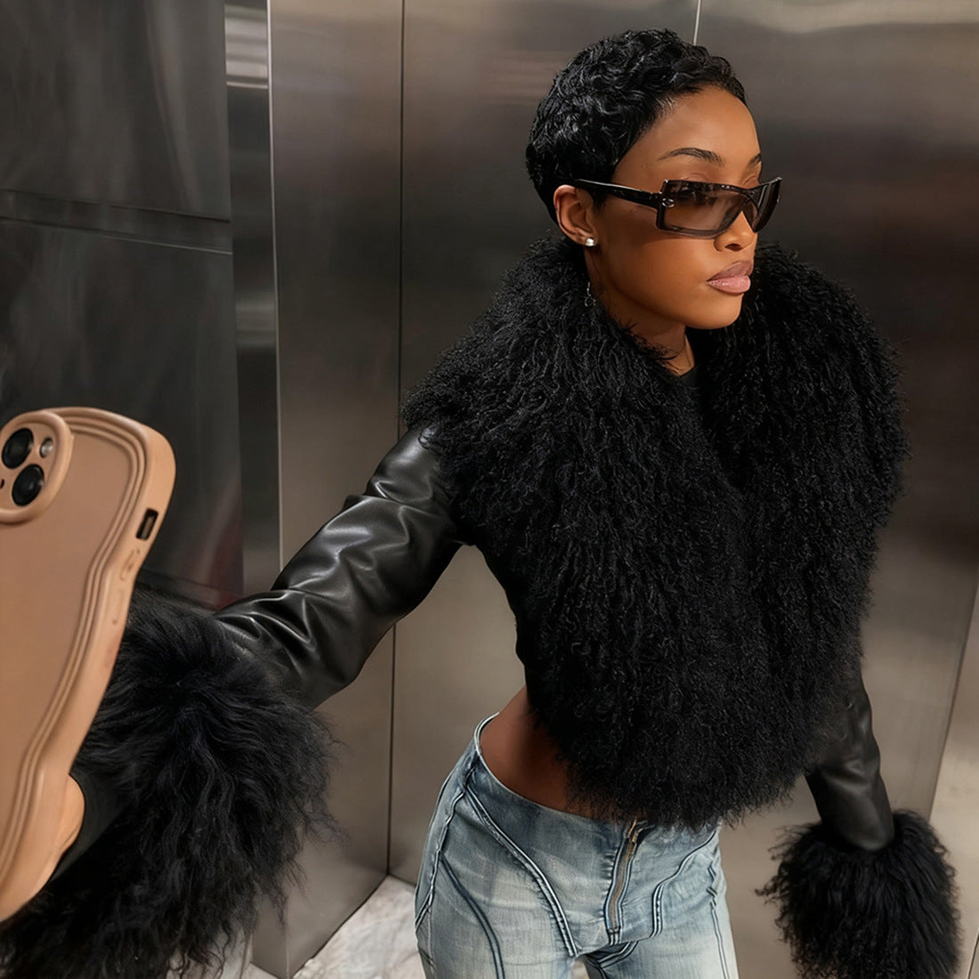 MB1805 Women's Faux Fur & Faux Leather Jacket