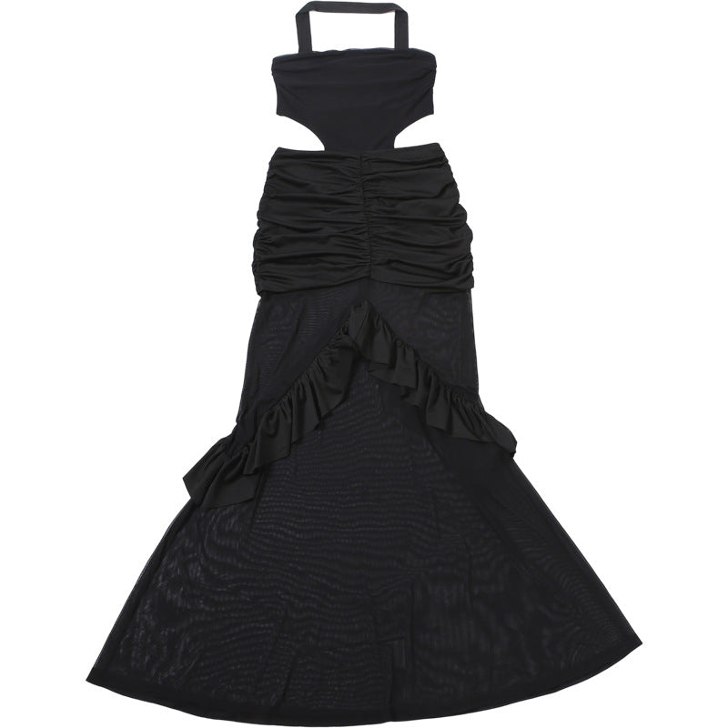 MB1517 Halter Cutout Ruched Mesh Maxi Dress