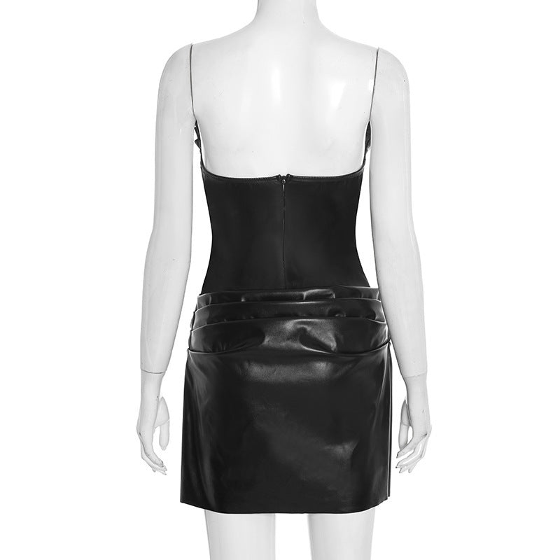 MB10116 PU Leather Ruched Corset Bustier Dress