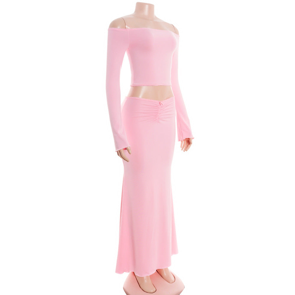 MB1322 Pink Long Sleeve Crop Top & Mermaid Maxi Skirt Set